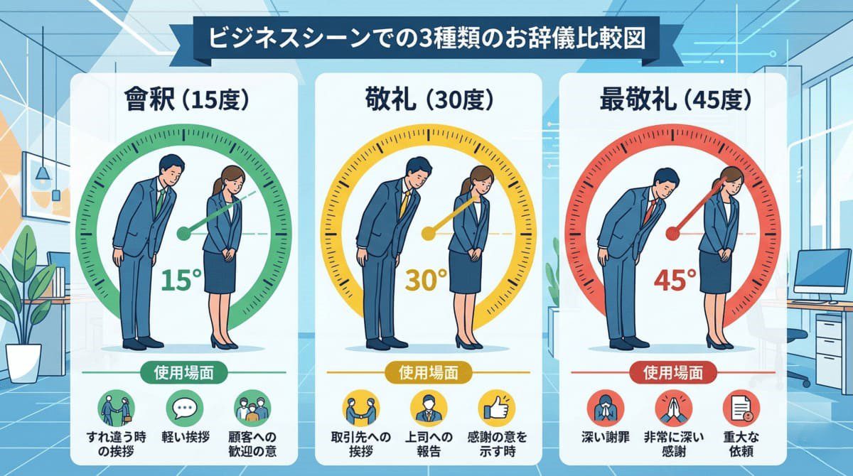 お辞儀の3つの角度（会釈15度・敬礼30度・最敬礼45度）を比較した図解