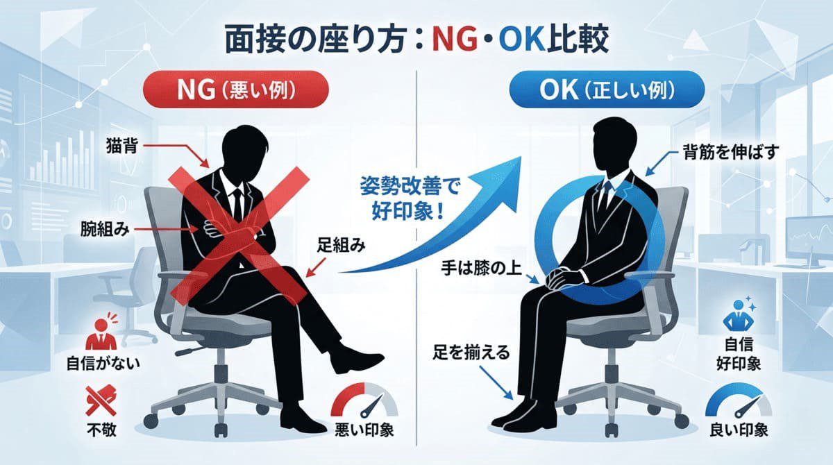 面接中の正しい姿勢と悪い姿勢の比較図解