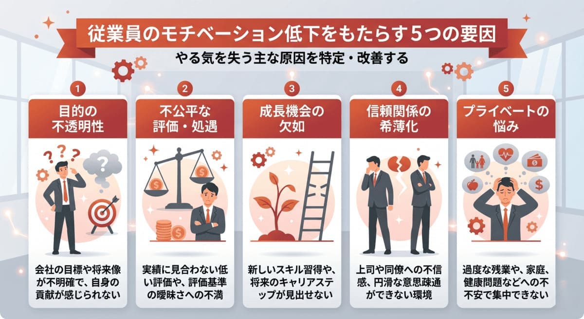 部下のモチベーションが下がる5つの原因を示すチャート図