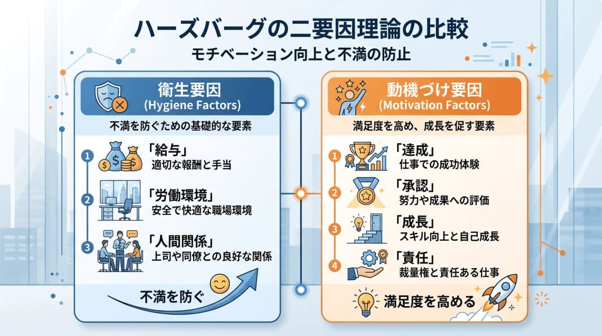 ハーズバーグの二要因理論（衛生要因と動機づけ要因）を示す比較図