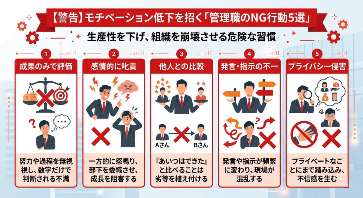 モチベーションを下げる上司の5つのNG行動を示す警告チャート