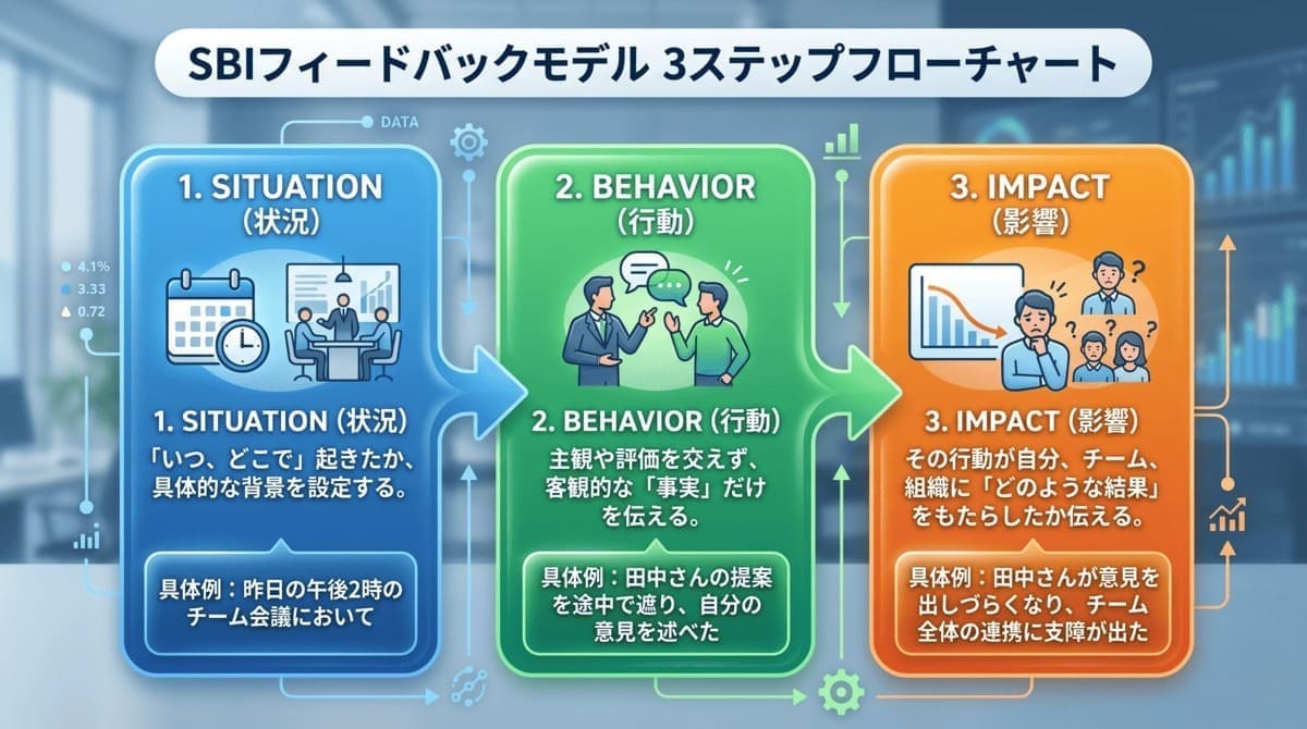 SBIフィードバックモデルの3ステップ図解：状況・行動・影響