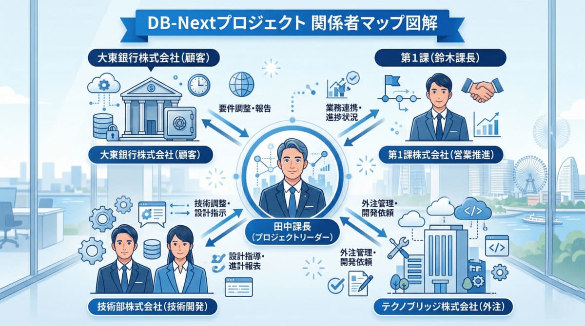 DB-Nextプロジェクトの関係者マップ(顧客・技術部・第1課・外注先の4方向調整)