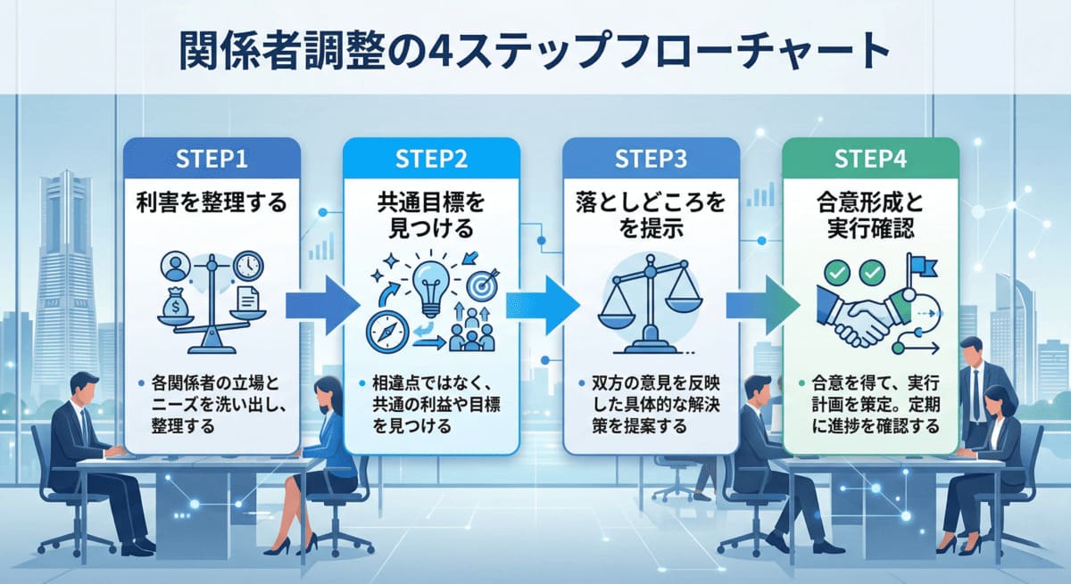 関係者調整で使う判断フレーム(利害の整理→共通目標の設定→落としどころの提示→合意形成)