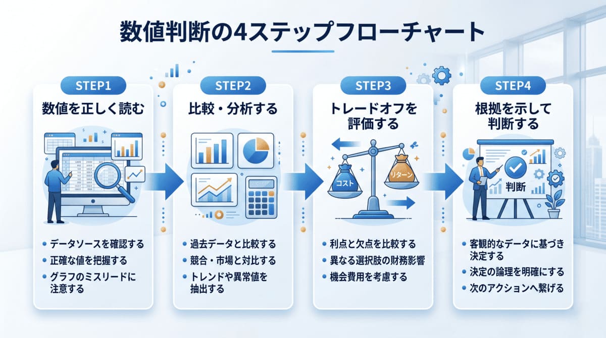 インバスケットの数値判断で使う思考フレーム(数値の読取→比較分析→トレードオフ評価→根拠付き判断)