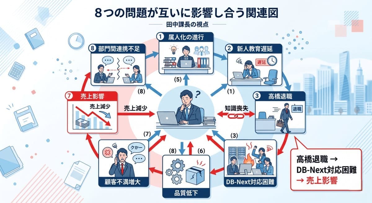 セット⑤の8問が互いに影響し合う複合トラブル関連図