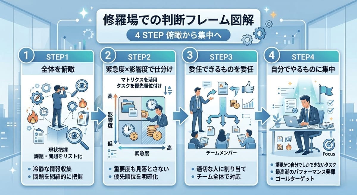 修羅場での判断フレーム(全体俯瞰→仕分け→委任→集中)