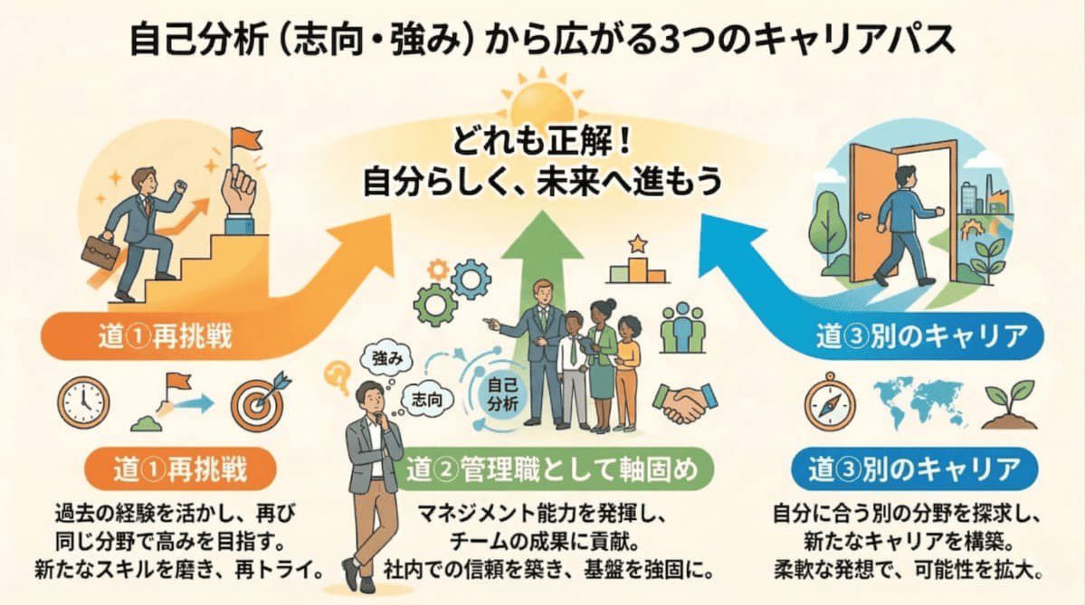 自己分析後の3つのキャリアパス選択肢を示す分岐図