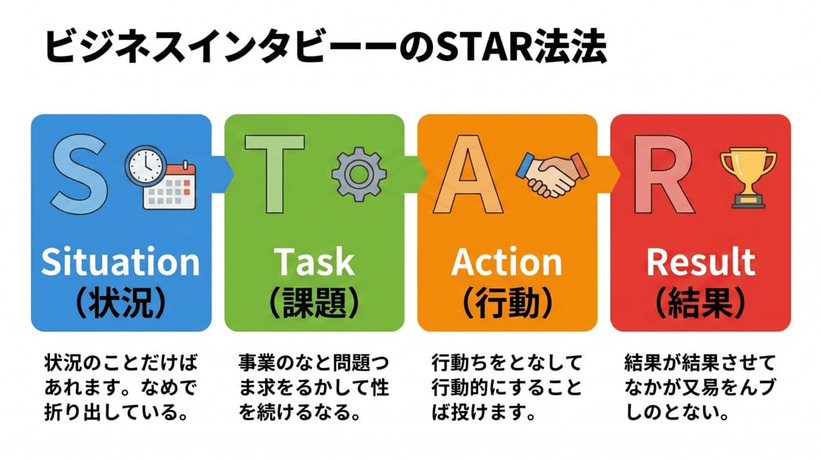STAR法の4つの構成要素（Situation・Task・Action・Result）の図解