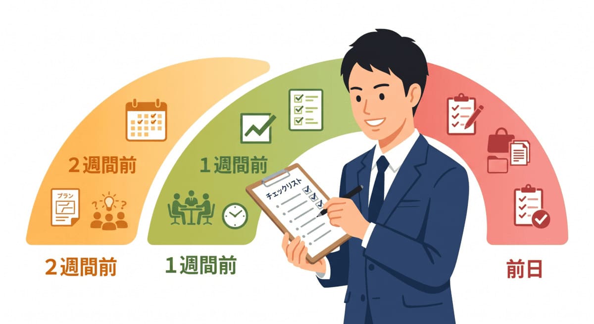 面接当日までの3段階準備（2週間前・1週間前・前日）のチェックリスト図解