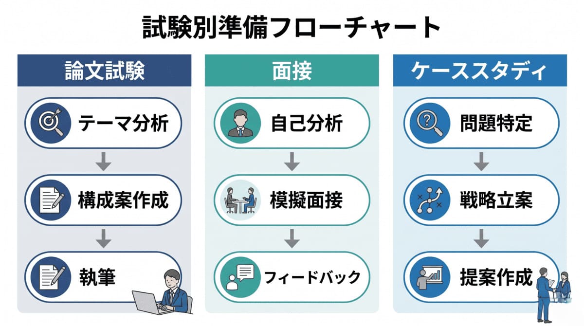 論文・面接・ケーススタディの試験別準備フローチャート