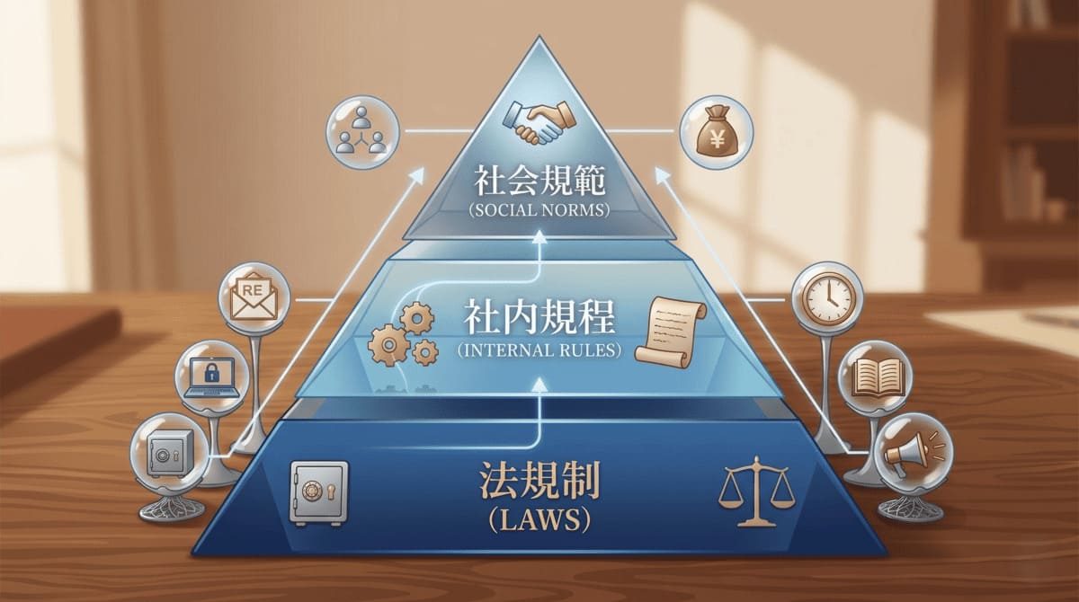 コンプライアンスの3層構造（法令・社内規則・社会規範）を示す図解