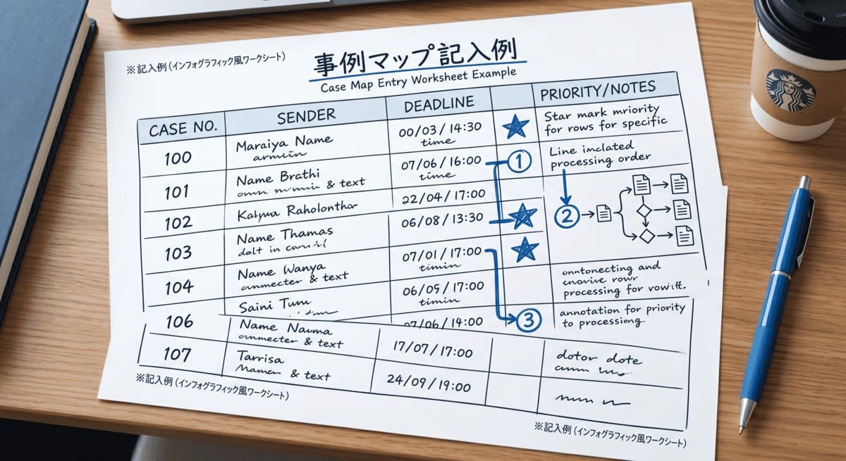 緊急度と重要度の記号、関連線、処理順を書き込んだ案件マップの記入例