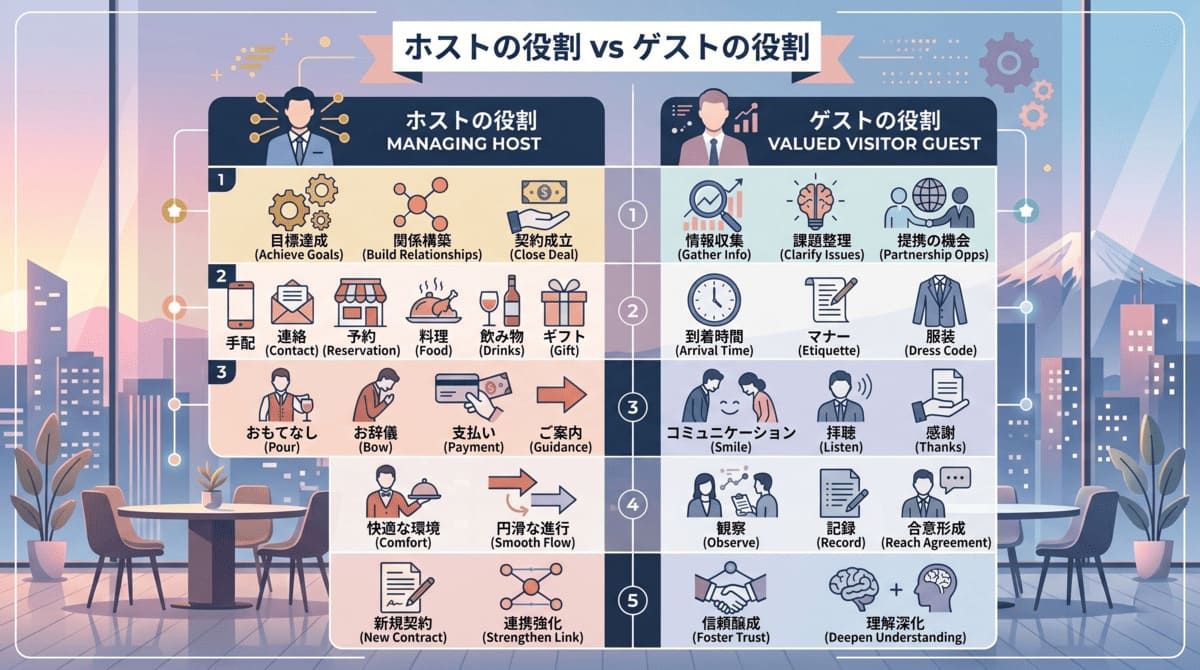 接待する側とされる側の心構えを比較した一覧表