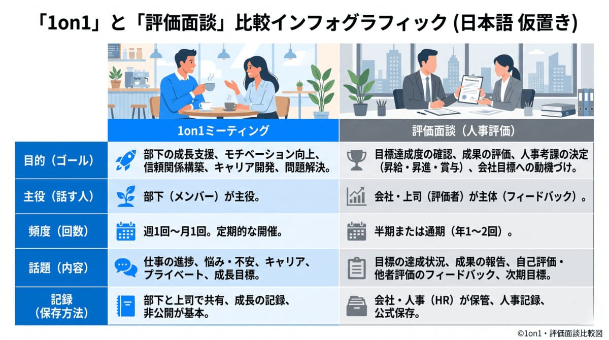 1on1ミーティングと評価面談の違いを示す比較表