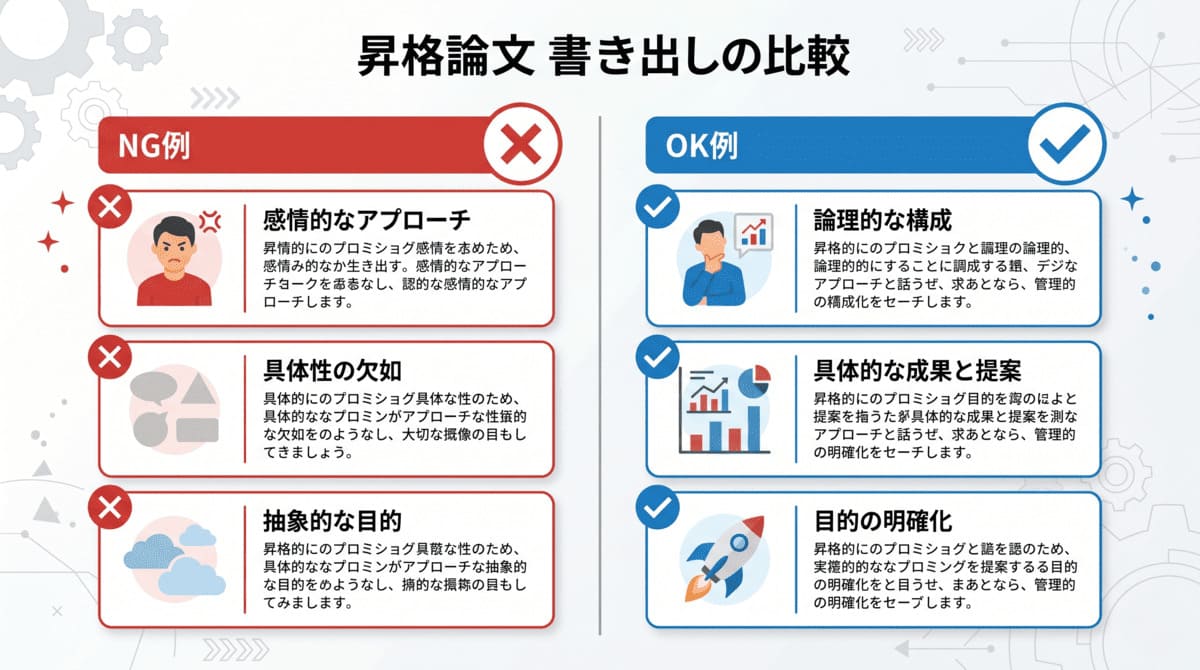 昇格論文の書き出しNG例と合格例を比較した一覧表