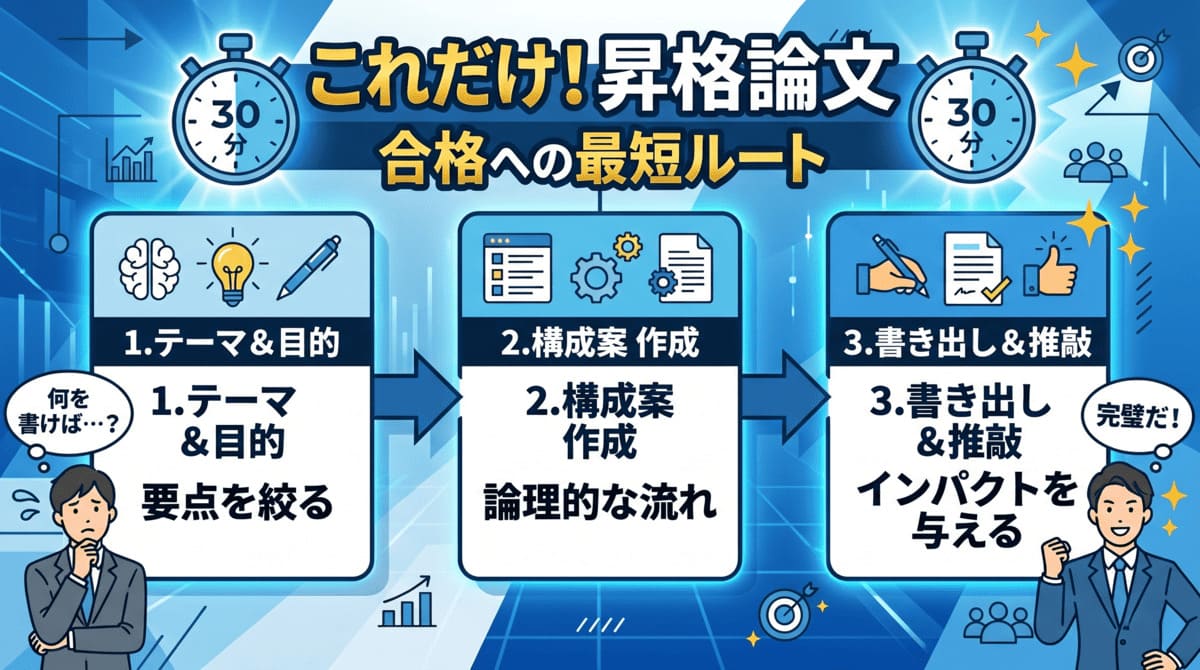 昇格論文の書き出しを30分で仕上げる3ステップのフロー図
