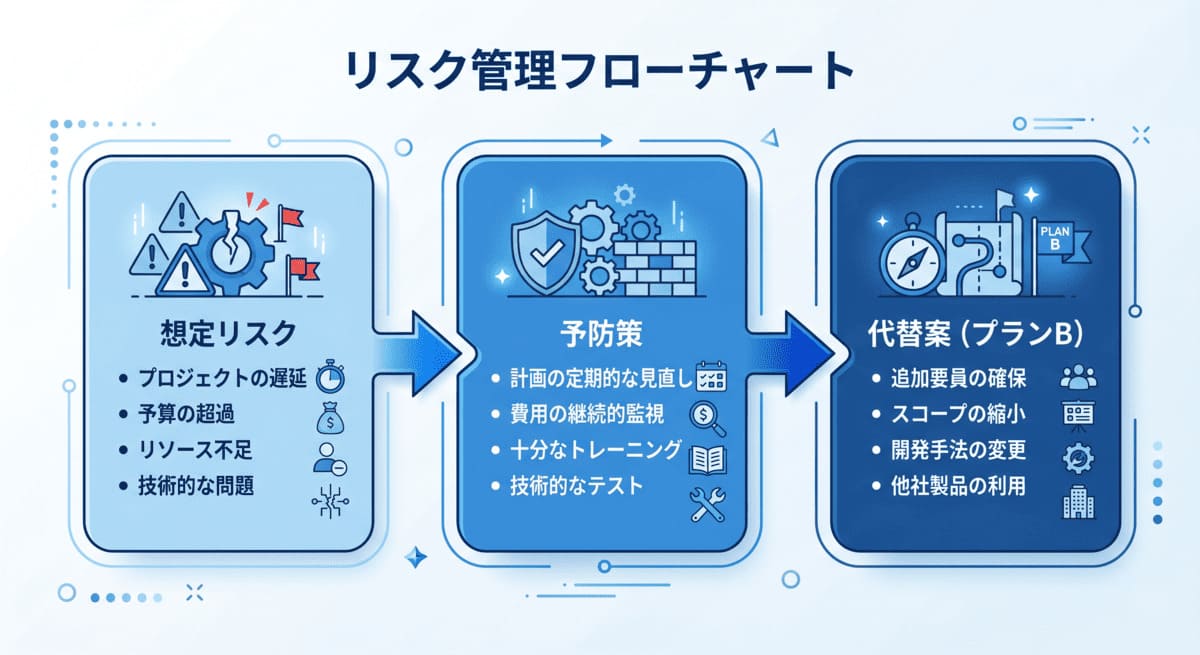 リスク対応の黄金テンプレート「リスク→予防策→代替案」の3ステップフローチャート