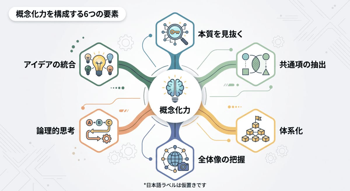 コンセプチュアルスキルを構成する6要素（抽象化・俯瞰・論理的思考・水平思考・多面的視点・仮説構築）のマップ