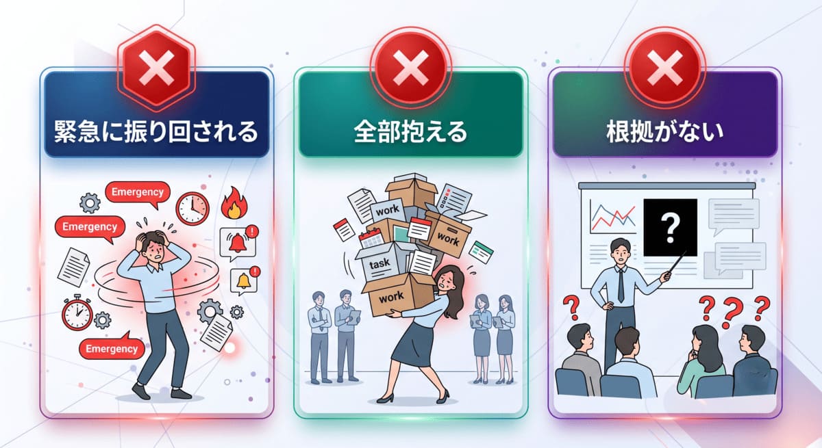 優先順位づけでやりがちな3つの失敗(緊急に振り回される・全部抱える・根拠がない)を示した図解