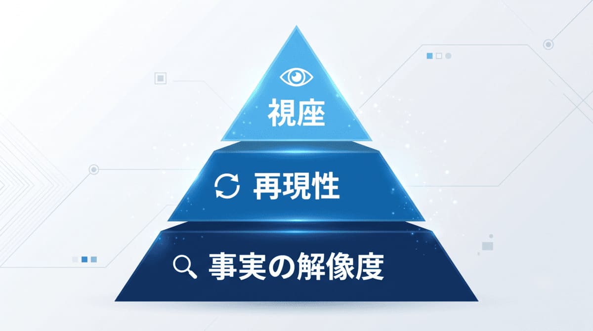 評価者が自己評価で加点する3つの要素(事実の解像度・再現性・視座)を示したピラミッド図