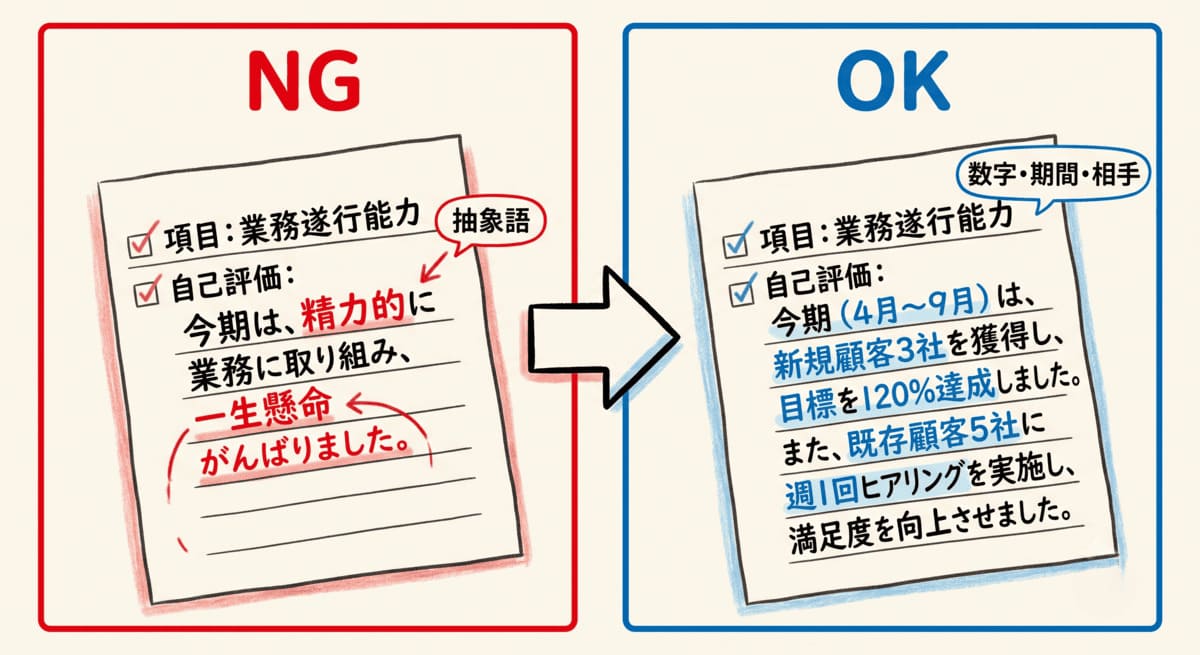 自己評価のNG表現と改善後の表現を左右で比較した図