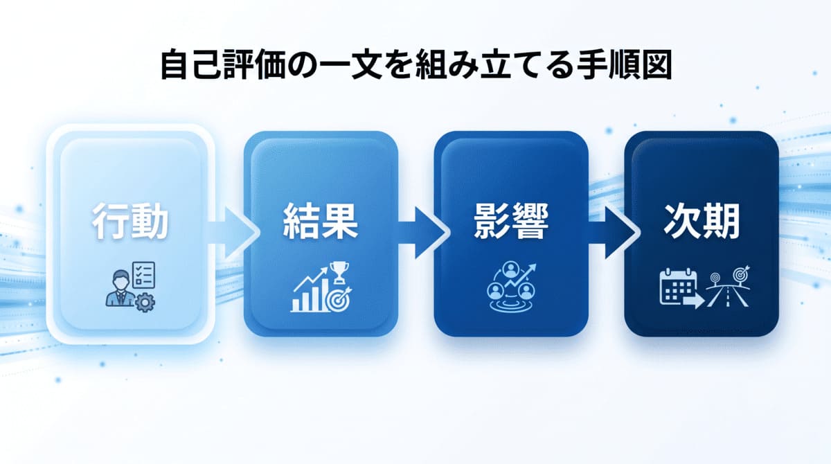 行動・結果・影響・次期の順で自己評価の一文を組み立てる手順を示したフローチャート