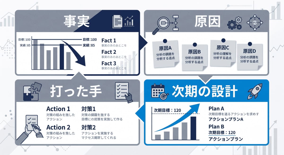 目標未達だった期の自己評価を事実・原因・打った手・次期の設計の4ブロックで書く手順図