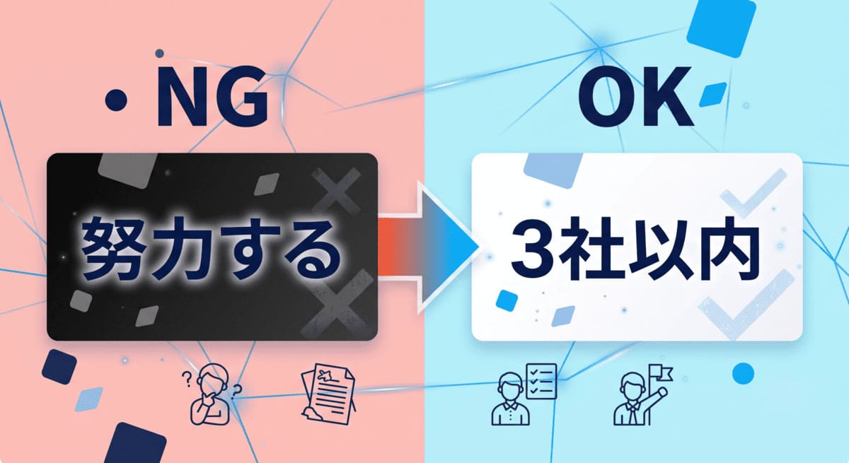 目標管理シートのNG例と改善例を対比した比較図