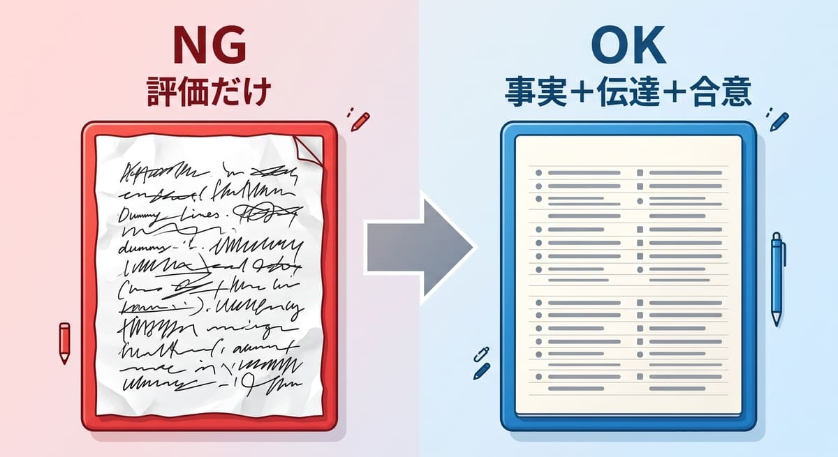指導記録のNG例とOK例の比較図（事実と評価の書き分け）