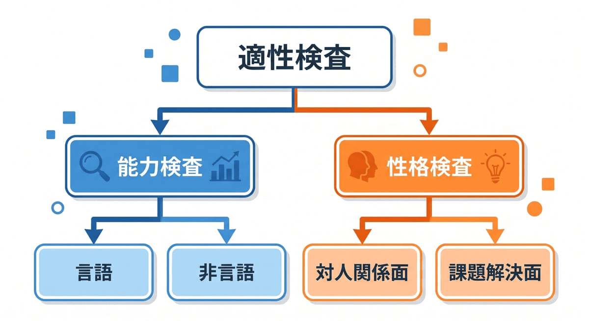 適性検査が能力検査と性格検査の2層で構成されることを示す図解