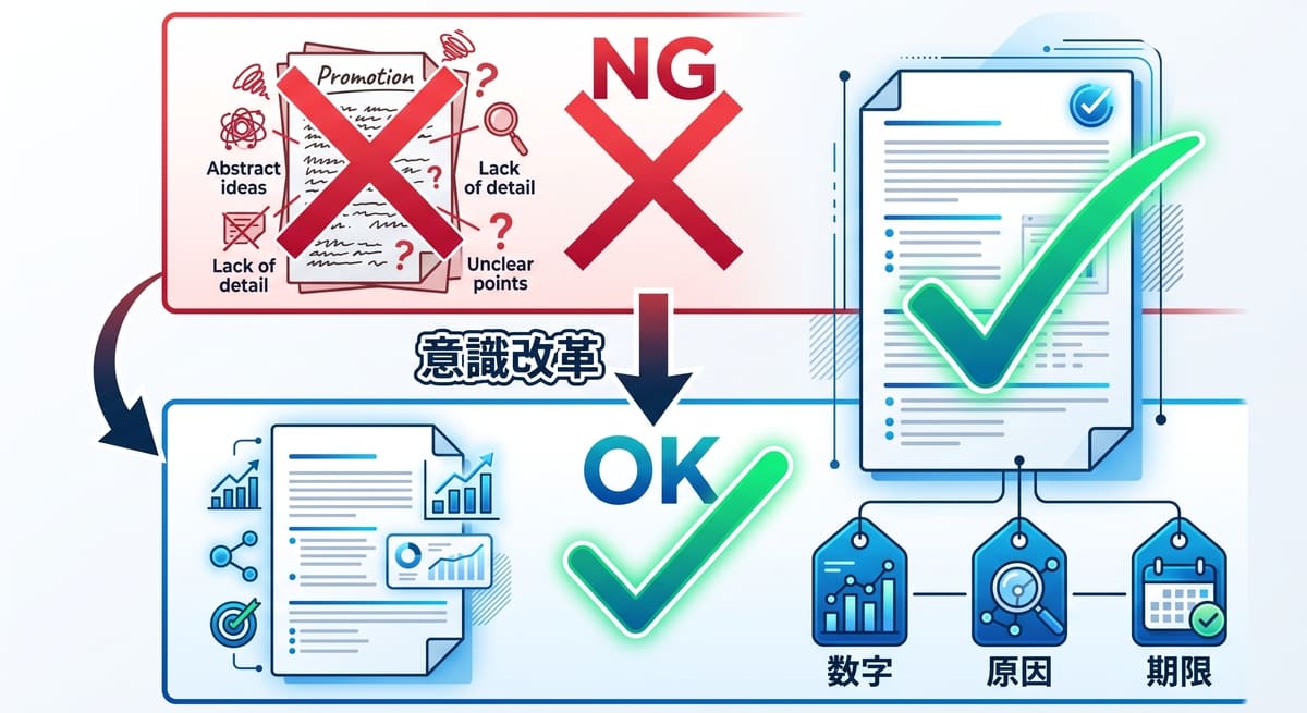 昇任論文のNG答案と合格答案を対比したビフォーアフター図解