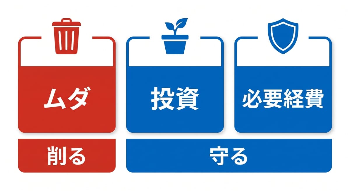 コストをムダ・投資・必要経費の3つに仕分けて削減対象を選ぶ考え方を示した図解