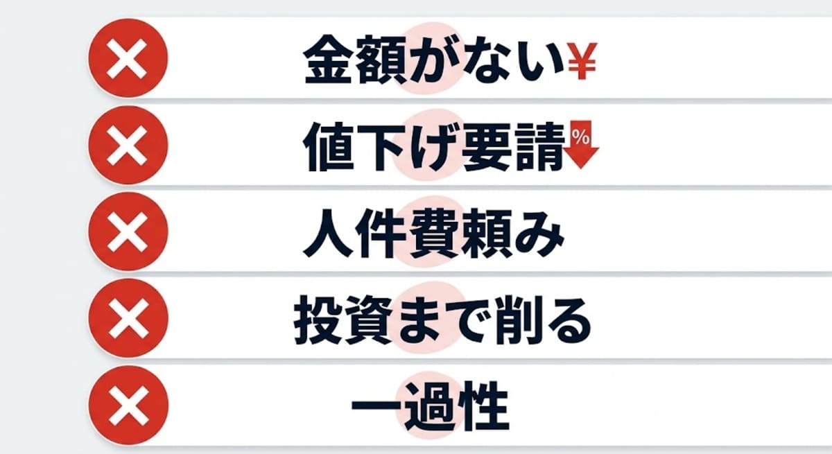 コスト削減の昇格論文で減点される5つのNGパターンを整理した一覧図