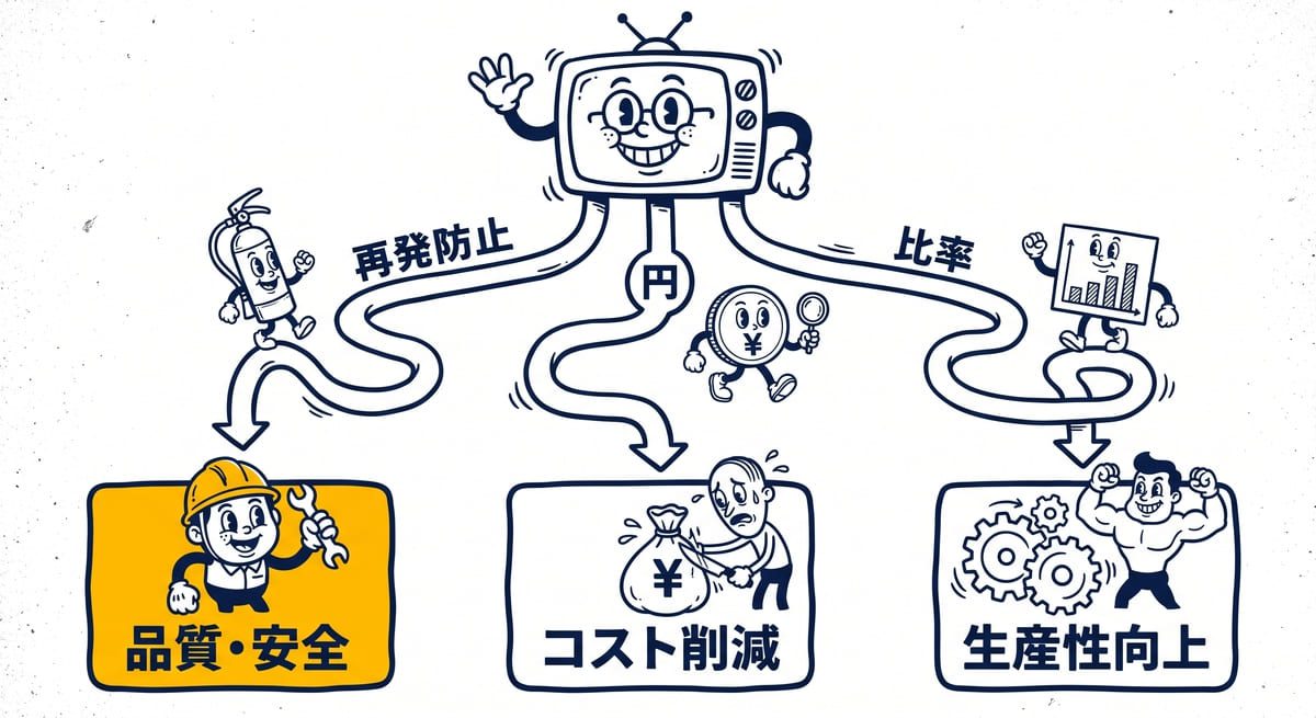 昇格論文で自分のテーマが品質向上・安全管理・コスト削減・生産性向上のどれかを判別するフローチャート