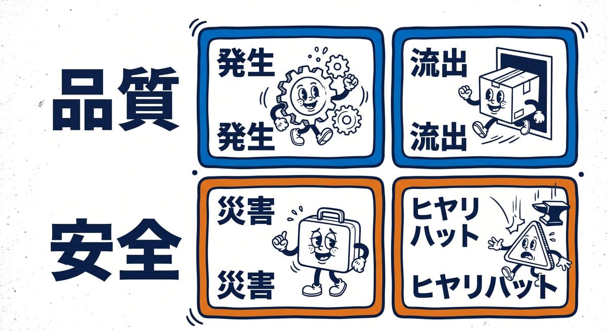 品質を発生と流出に、安全を災害とヒヤリハットに分けて対策を考える2×2の図解