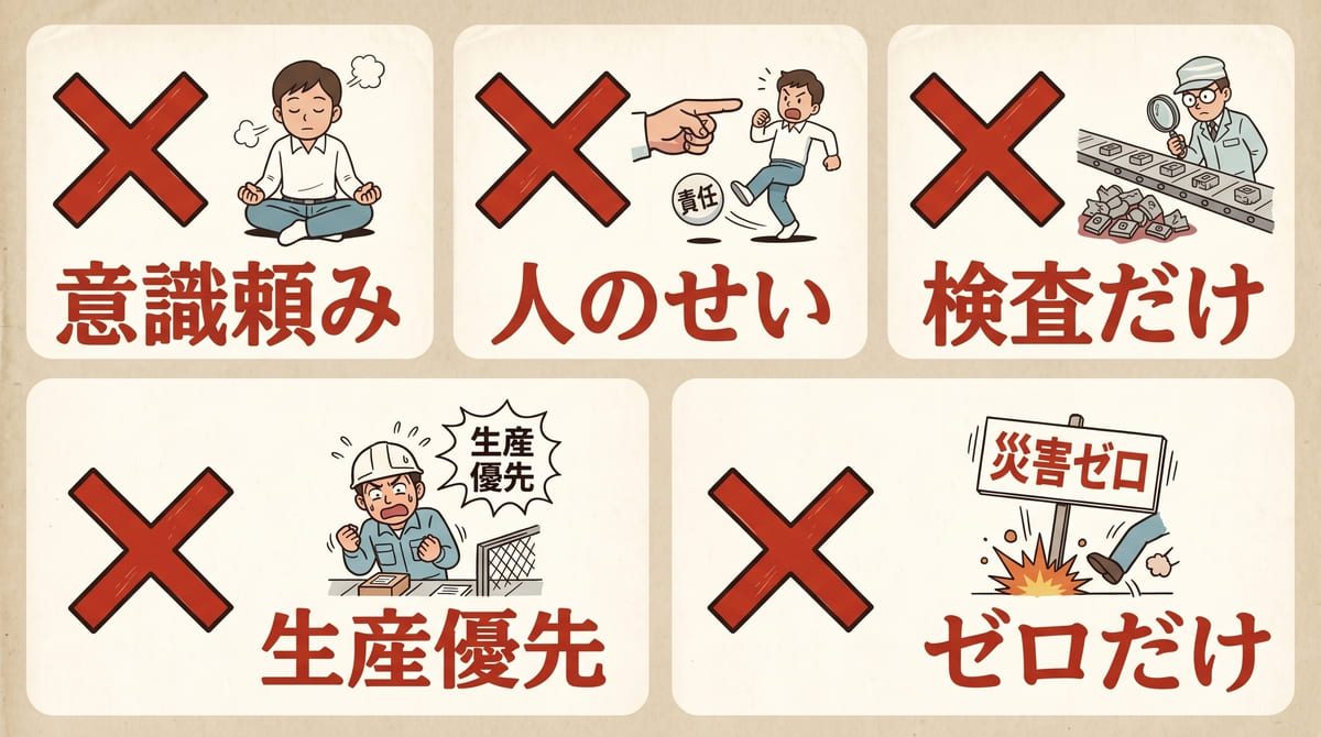 品質向上・安全管理の昇格論文で減点される5つのNGパターンを整理した一覧図
