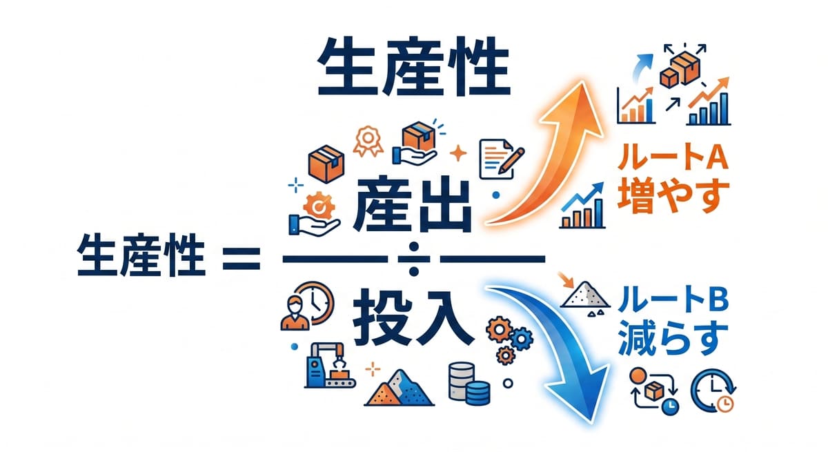 生産性＝産出÷投入の分解図。分子を増やすルートAと分母を減らすルートBの2経路を示した図解