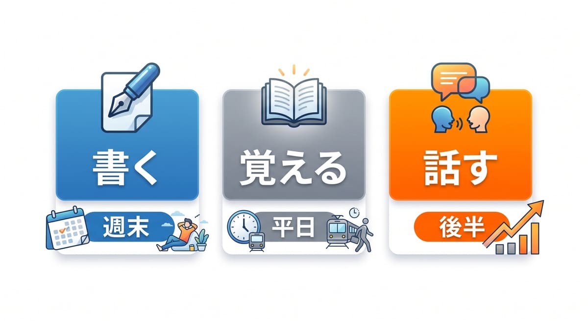 昇格試験の科目を書く試験・覚える試験・話す試験の3タイプに分け、それぞれ週末・平日スキマ・中盤以降に配置する考え方を示した図