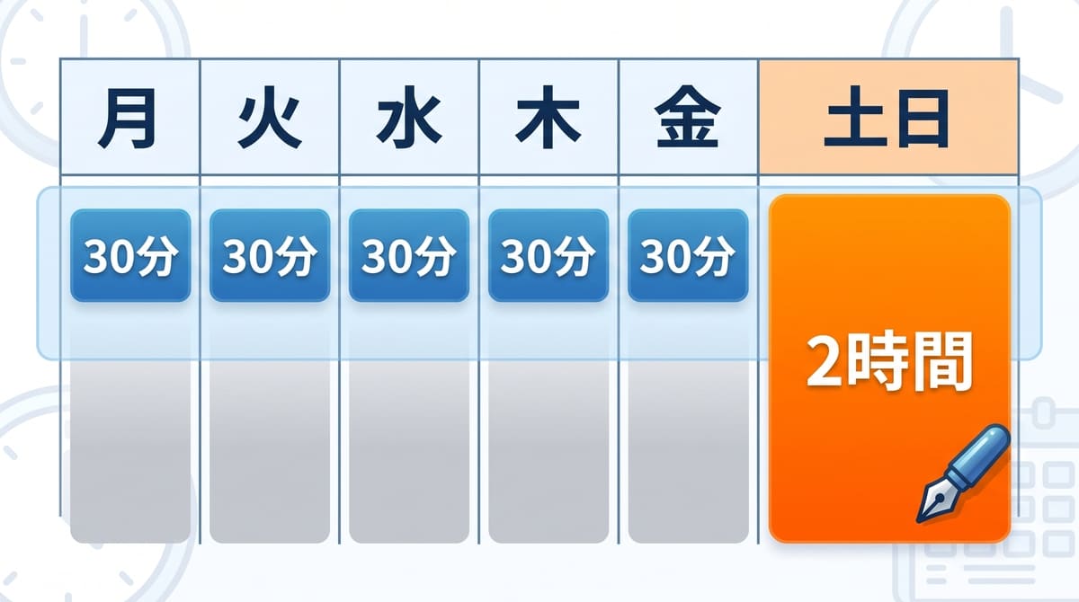 平日は朝30分を自己採点と暗記に、週末2時間を答案を書く時間に充てる1週間のモデル時間割
