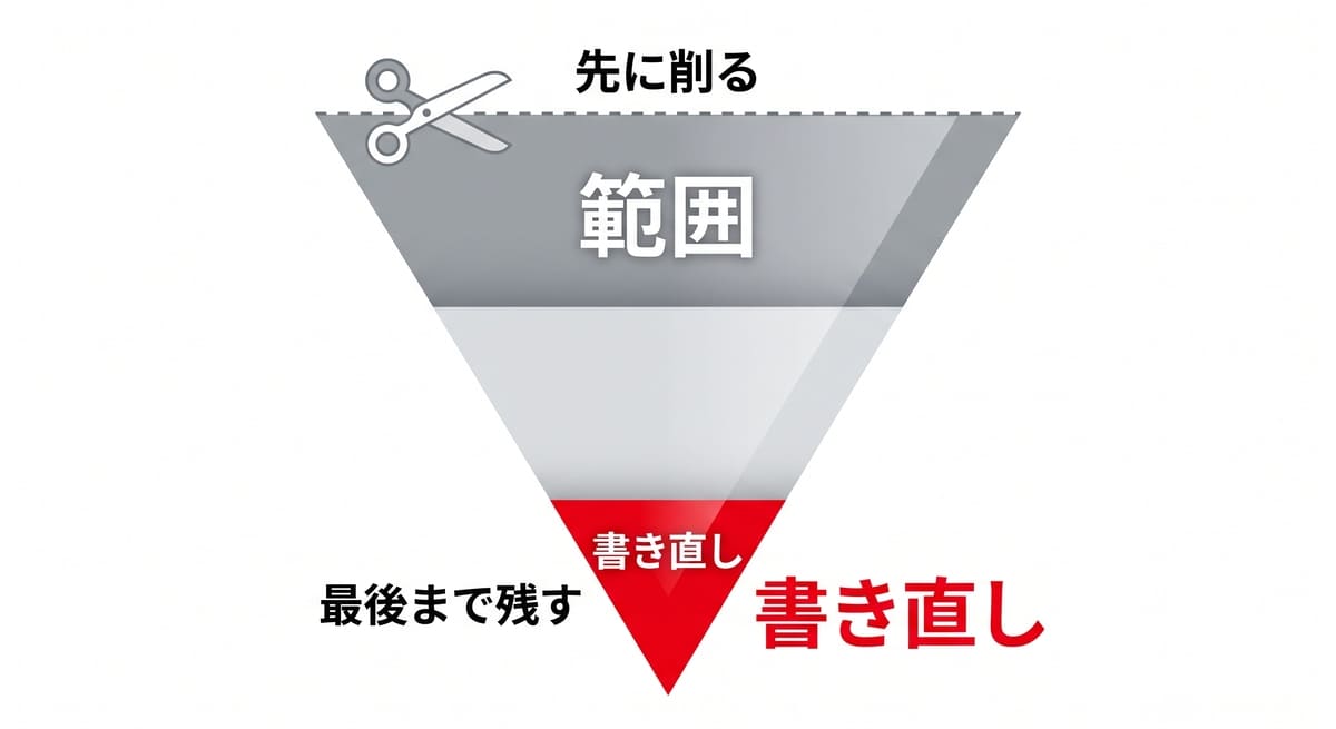時間が足りないときに削る順番を示した図。覚える試験の範囲から削り、書く試験の書き直し回数は最後まで残す