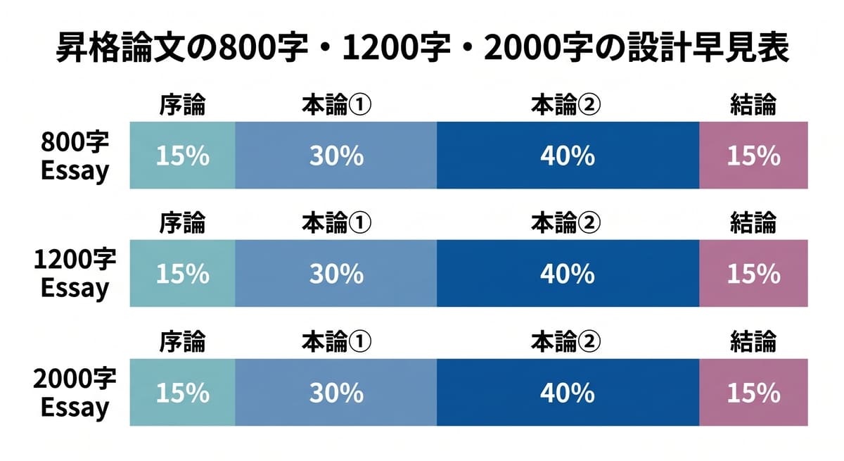 昇格論文の800字・1200字・2000字の設計早見表。段落数・文数・ブロック別字数の比較