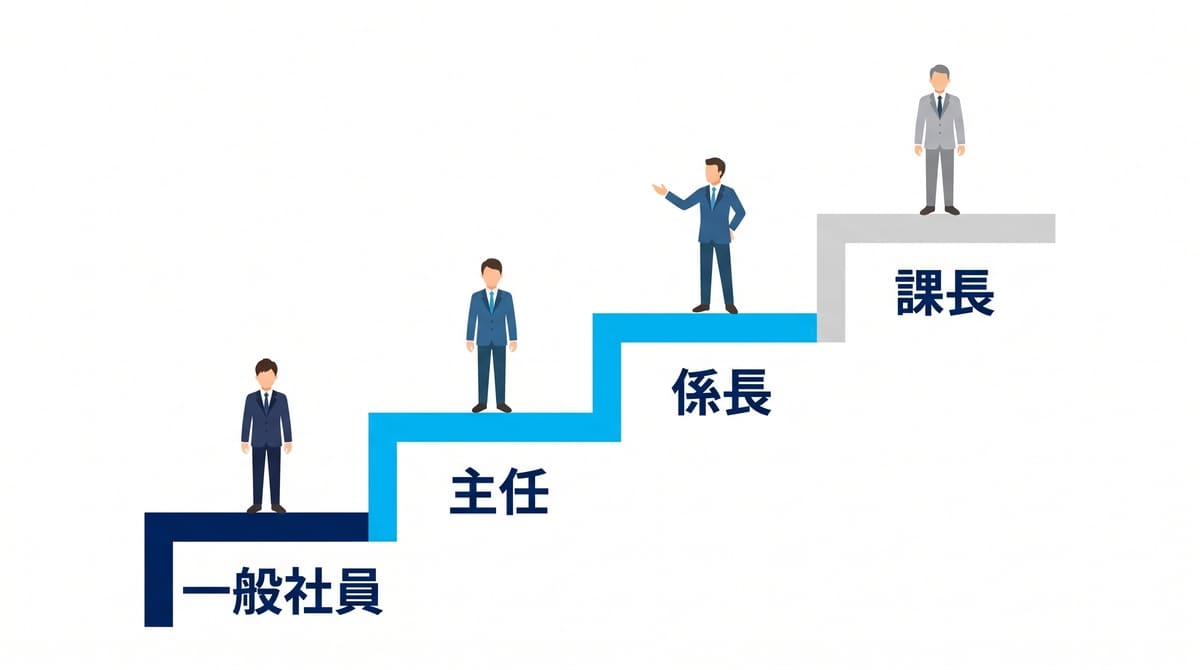 一般社員・主任・係長・課長の位置づけを階段状に示した図