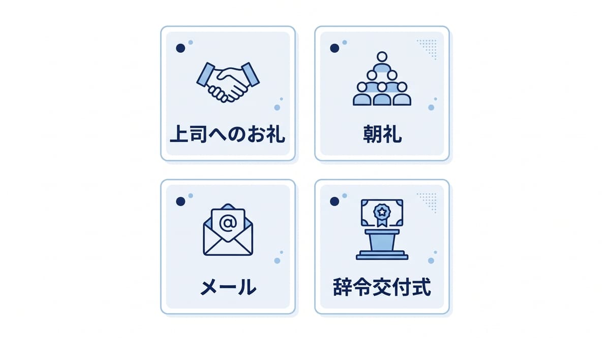 昇格の挨拶を上司へのお礼・朝礼・メール・辞令交付式の4場面に分けた図