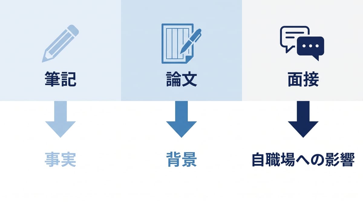 昇格試験で時事が問われる筆記・論文・面接の3場面と、それぞれに求められる事実・背景・自職場への影響の対応図