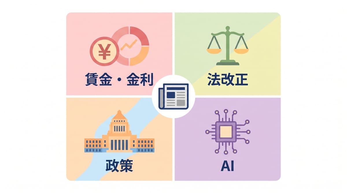 昇格試験で押さえたい2026年の時事テーマを賃金・金利、法改正、政策、AIの4分野に分けた図