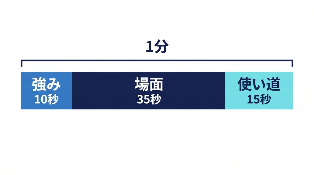 自己PRの1分を強み約10秒・場面約35秒・使い道約15秒に配分した帯グラフ