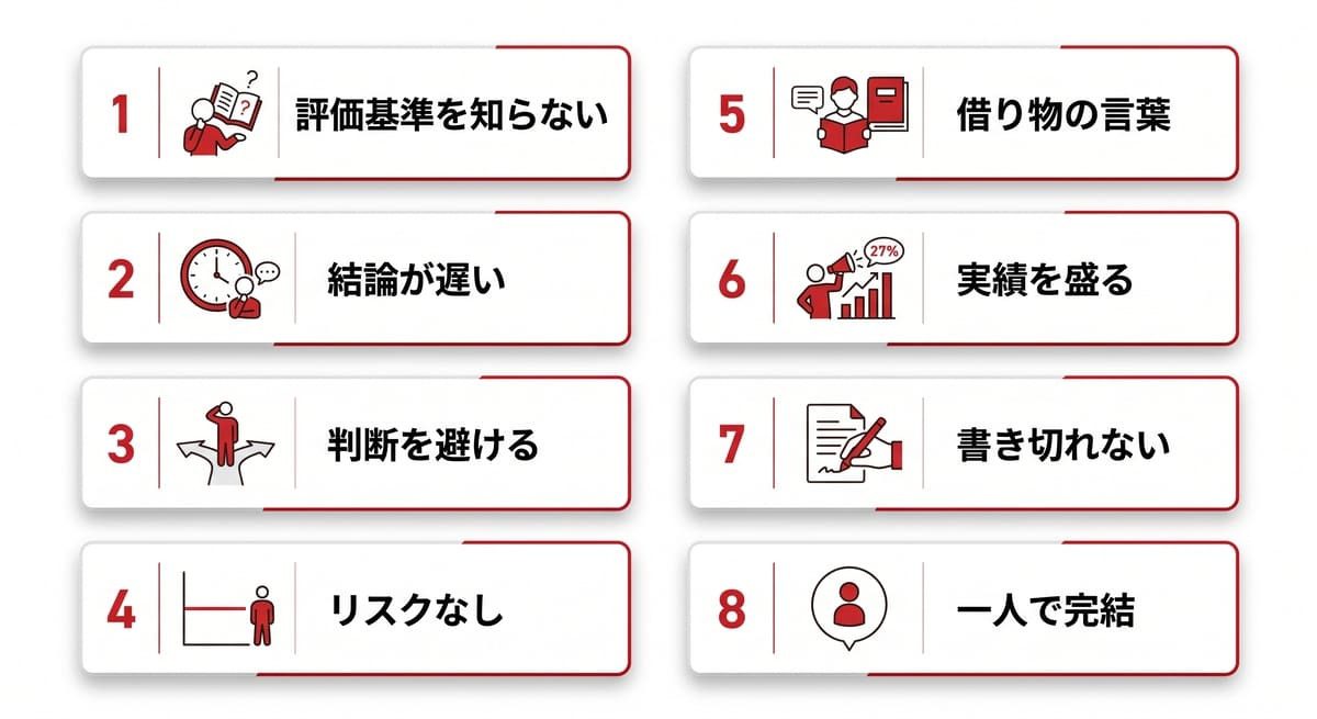昇格試験に落ちる人の特徴8つを一覧にした図解